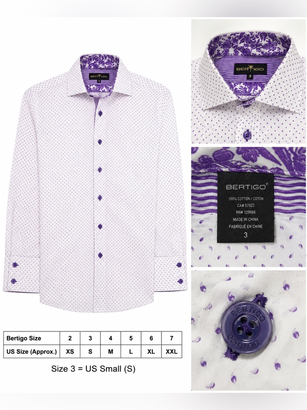 Bertigo Size 3 Men’s Long Sleeve Dress Shirt | White & Purple | 100% Cotton